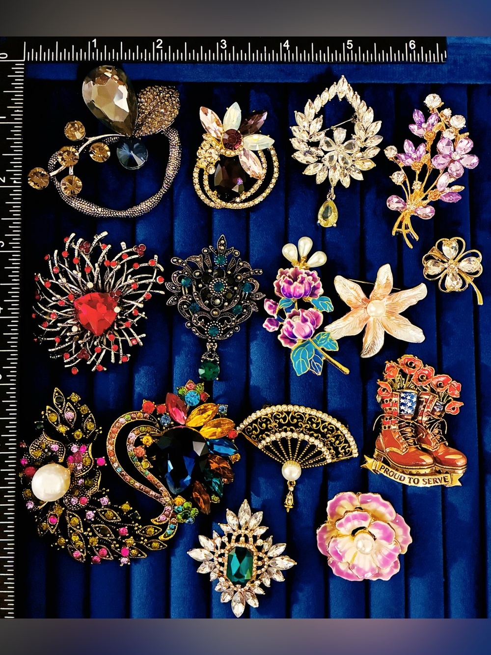 15 Pc Lot Statement Rhinestone Floral Brooch Pins Crystal Enamel Mixed Styles